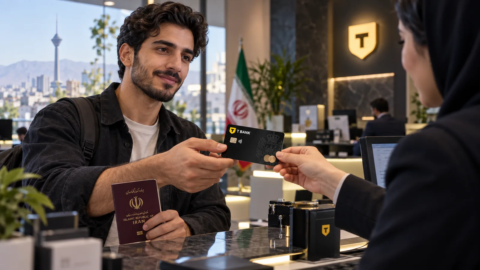 مرد جوانی با گذرنامه ایرانی در حال دریافت کارت تیبانک از متصدی بانک در شعبهای در تهران با نمایی از برج میلاد